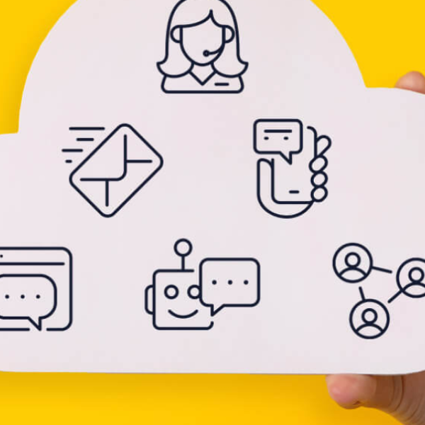 A paper cloud with icons representing different Liberty platform functionality such as forms, AI chat, email and users engagement. All on a bright yellow background